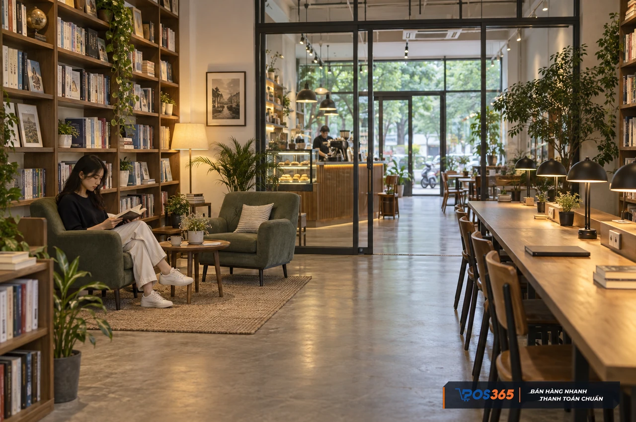 Phân khu đọc sách và làm việc trong quán cafe