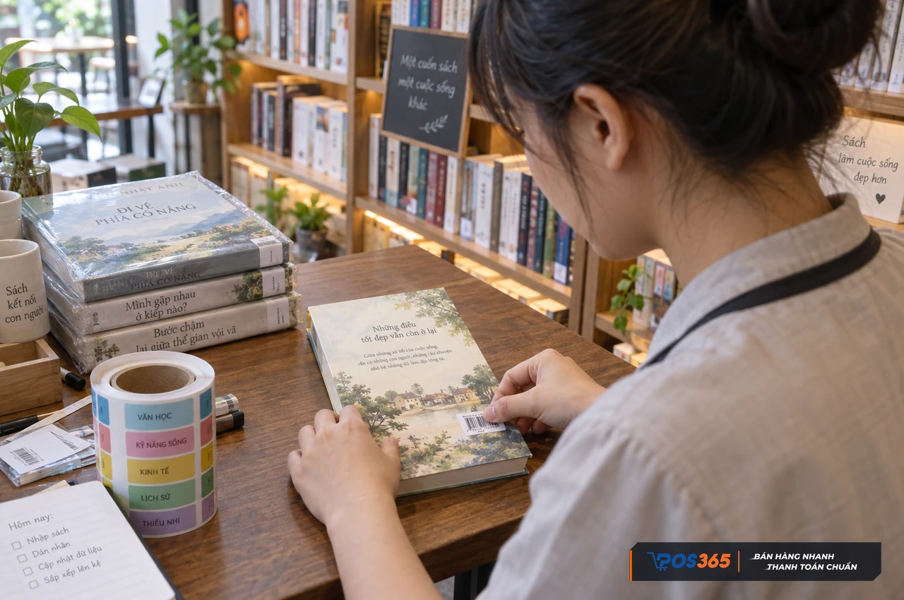 Phân loại và dán mã quản lý sách tại quán
