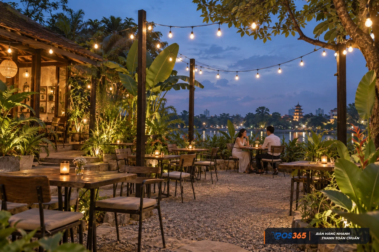 D&acirc;y đ&egrave;n ngo&agrave;i trời trang tr&iacute; s&acirc;n vườn cafe