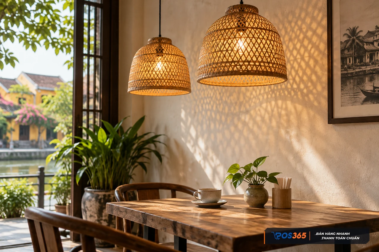 Đ&egrave;n thả m&acirc;y tre đan cho qu&aacute;n cafe mộc