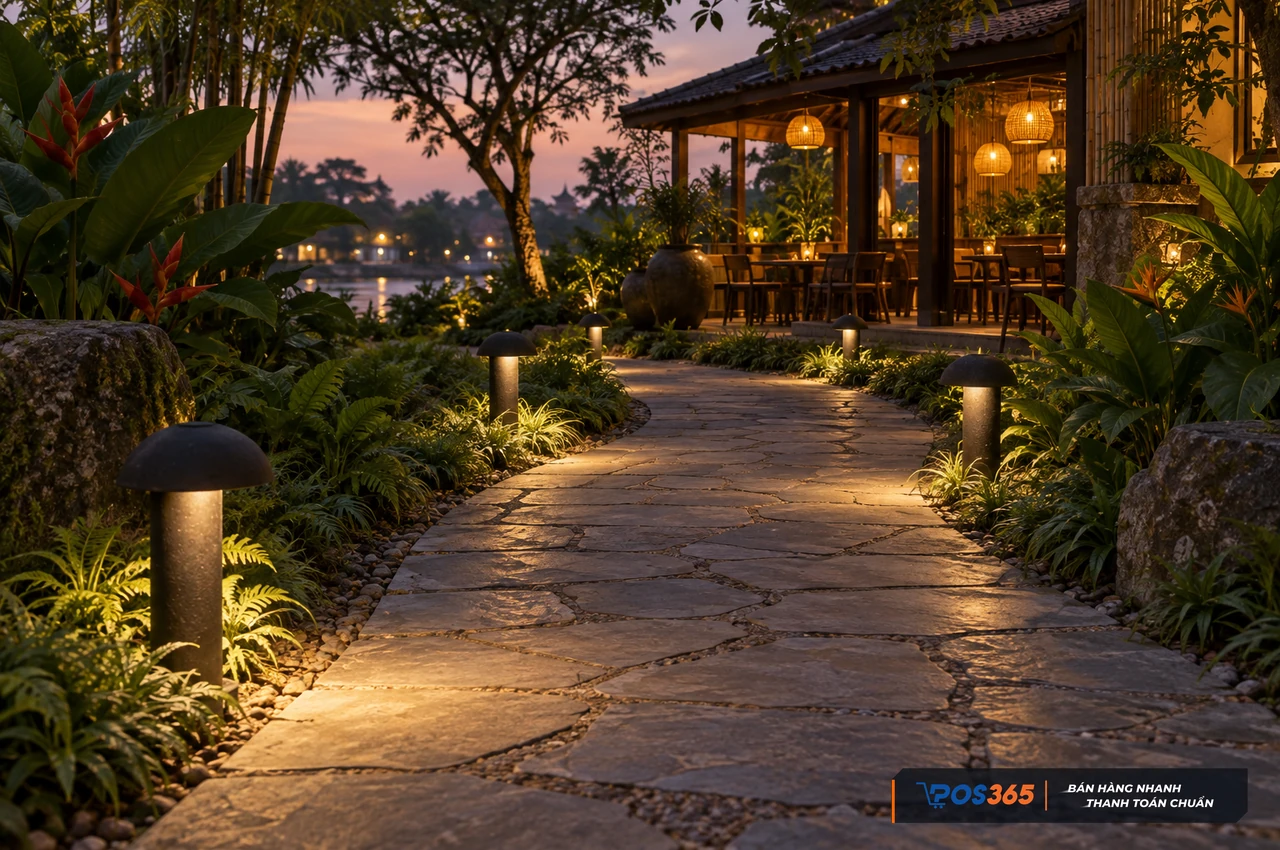 Đ&egrave;n trụ thấp dẫn lối trong s&acirc;n vườn cafe