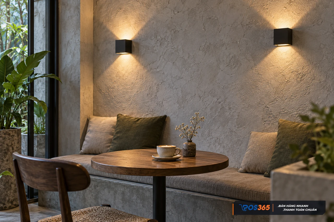 Đ&egrave;n tường hắt hai đầu tạo điểm nhấn cafe