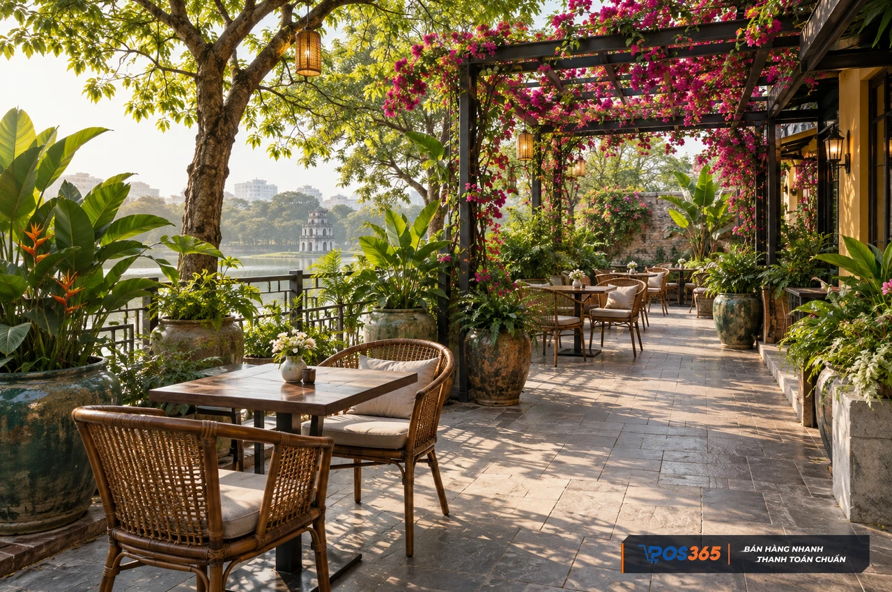 Bố trí cây xanh nhiều tầng trong cafe sân vườn