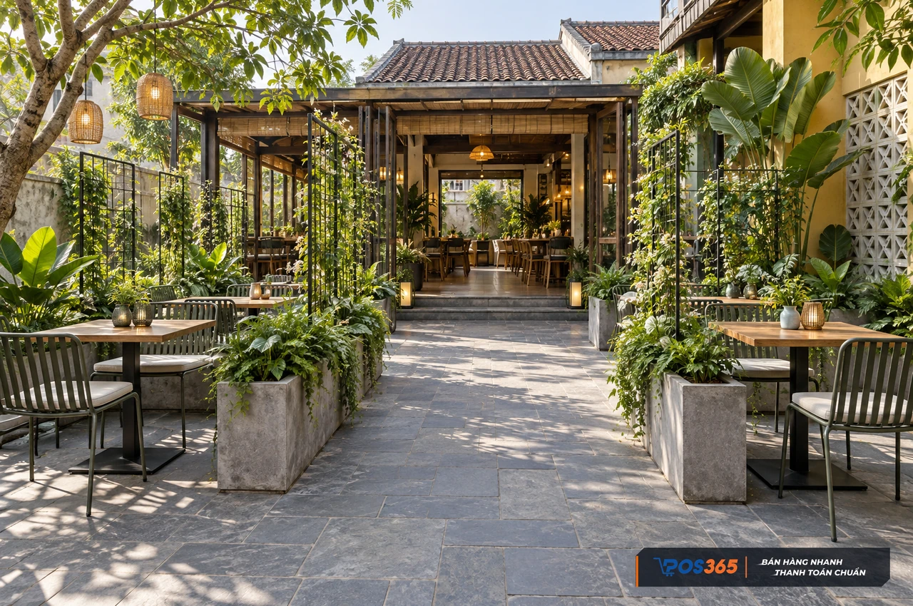 Dùng bồn cây phân chia khu ngồi cafe ngoài trời