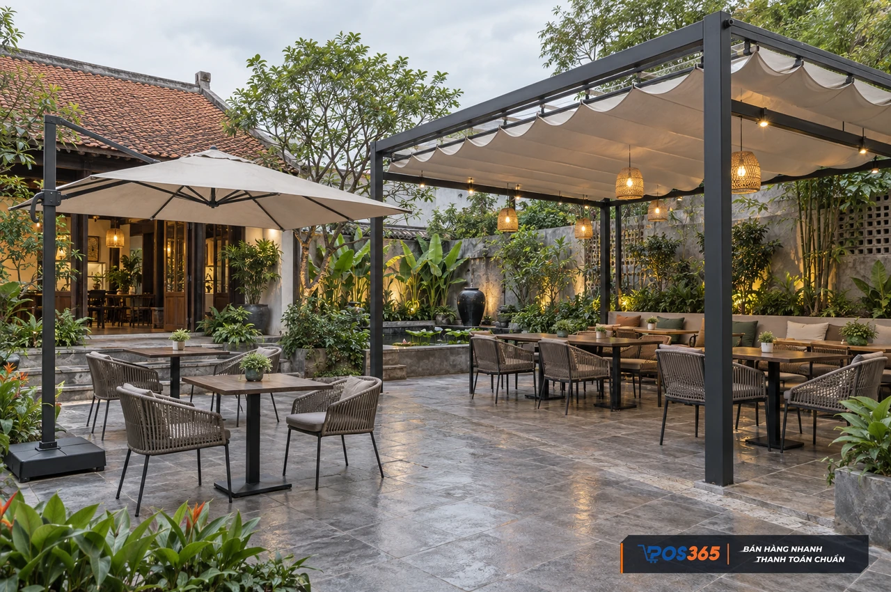 Mái xếp và dù che cho không gian cafe ngoài trời
