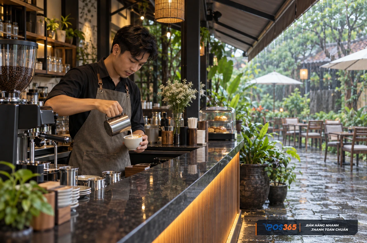 Quầy pha chế mở trong quán cafe ngoài trời