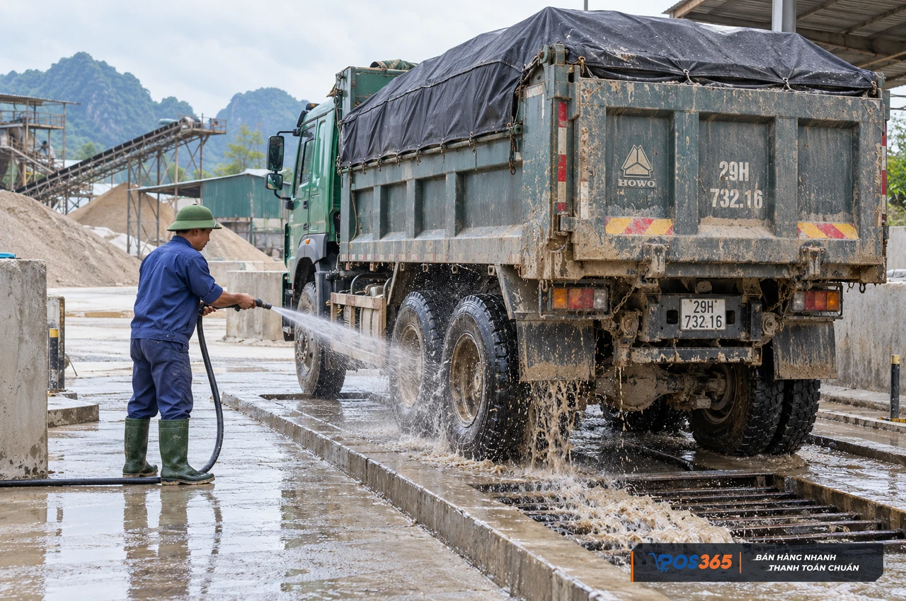 Rửa bánh xe trước khi ra khỏi bãi