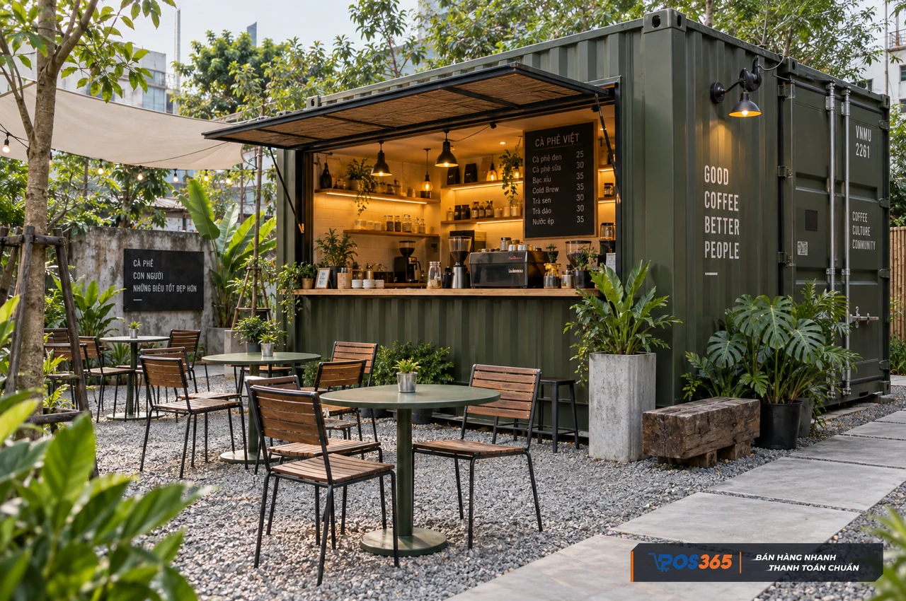Cafe container với khoảng s&acirc;n sỏi tho&aacute;ng mở