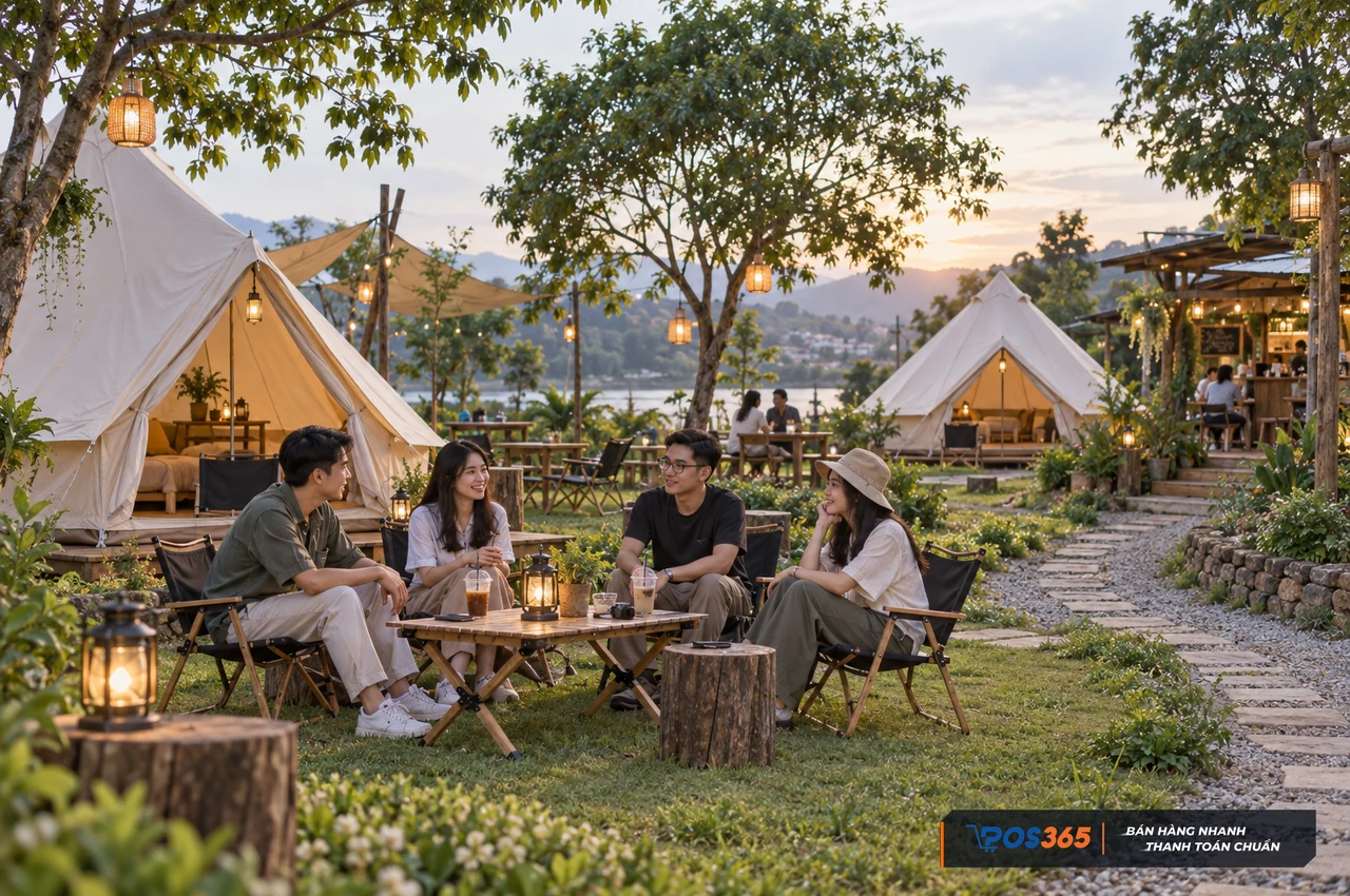 Cafe glamping với lều canvas v&agrave; b&agrave;n d&atilde; ngoại