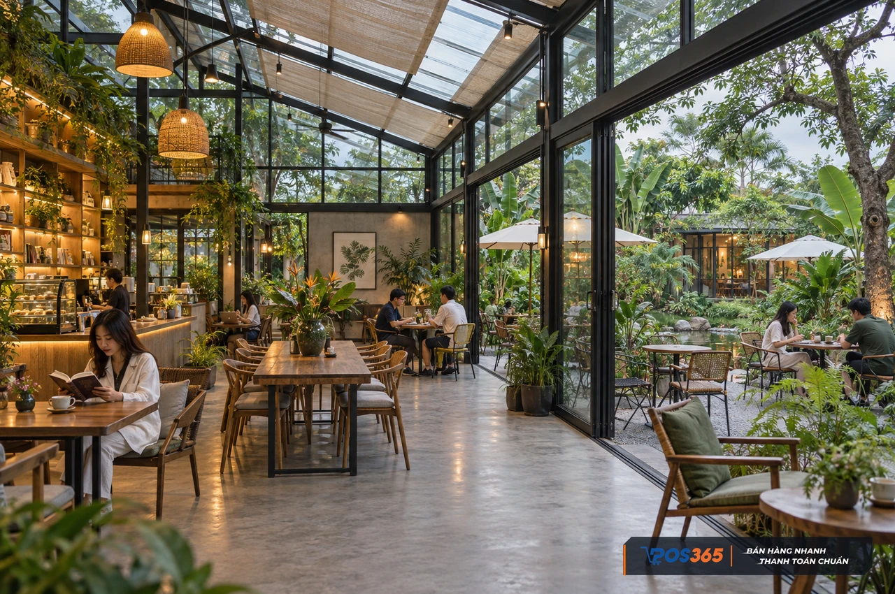 Cafe nh&agrave; k&iacute;nh kết nối khu ngồi s&acirc;n vườn