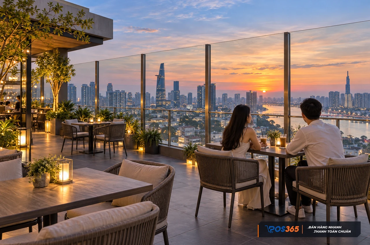 Cafe rooftop nh&igrave;n to&agrave;n cảnh th&agrave;nh phố l&uacute;c chiều