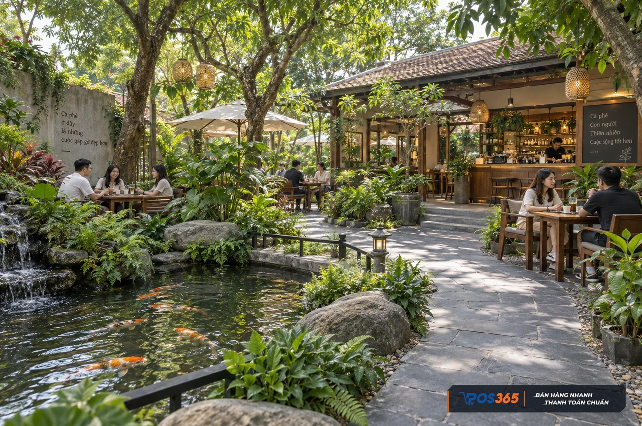 Kh&ocirc;ng gian cafe s&acirc;n vườn nhiều tầng c&acirc;y xanh