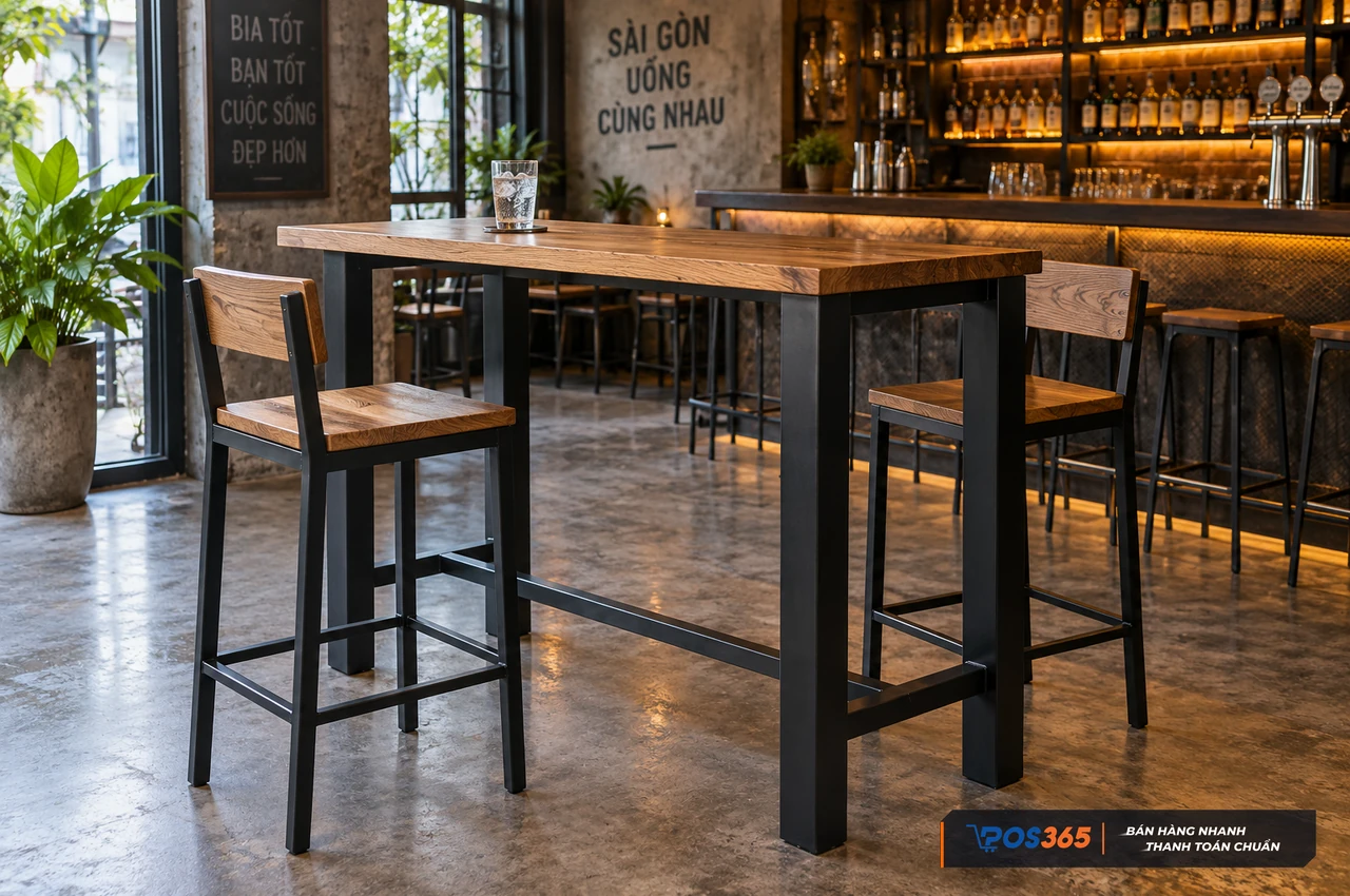 Bàn bar chân sắt mặt gỗ phong cách hiện đại