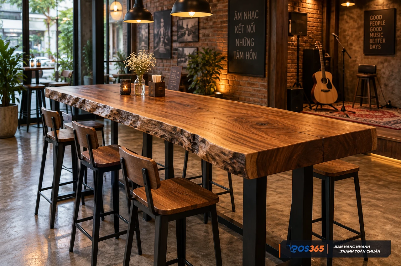 Bàn bar gỗ nguyên tấm tạo không gian mộc mạc