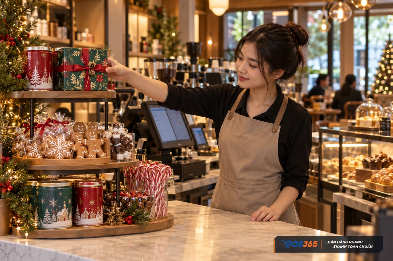 B&aacute;n b&aacute;nh kẹo Noel tại quầy cafe
