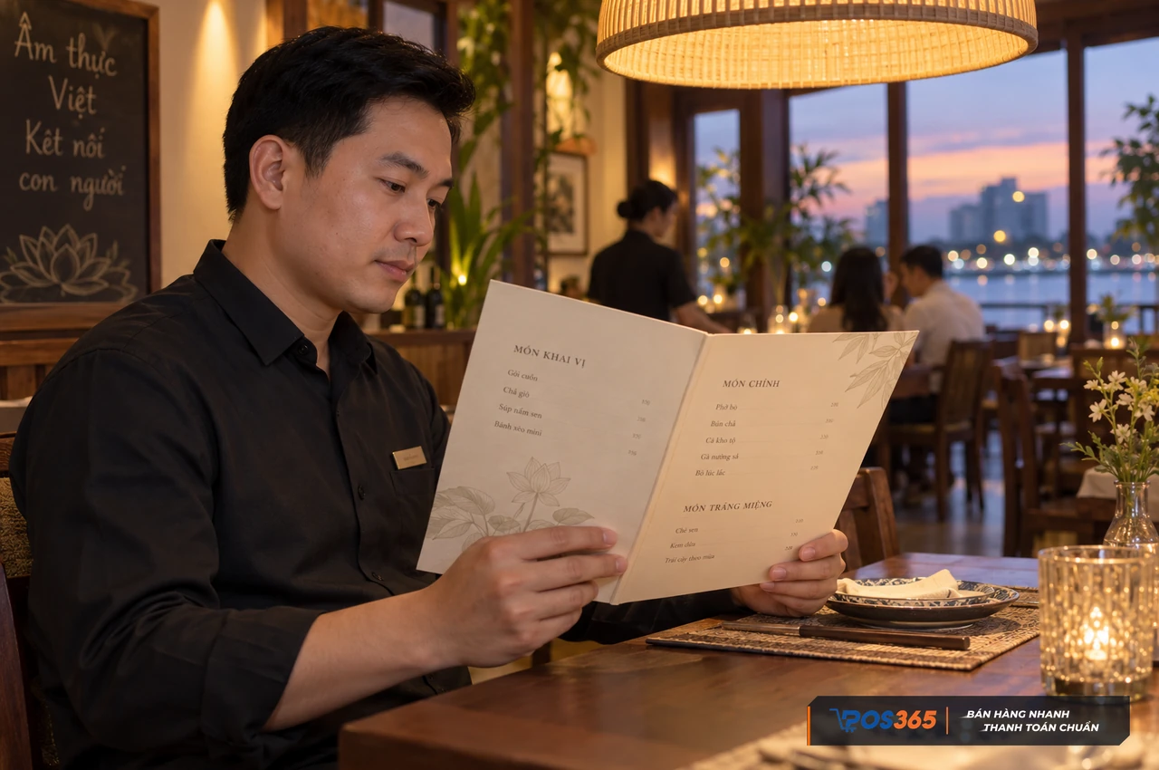 Kiểm tra bản in menu dưới ánh sáng nhà hàng