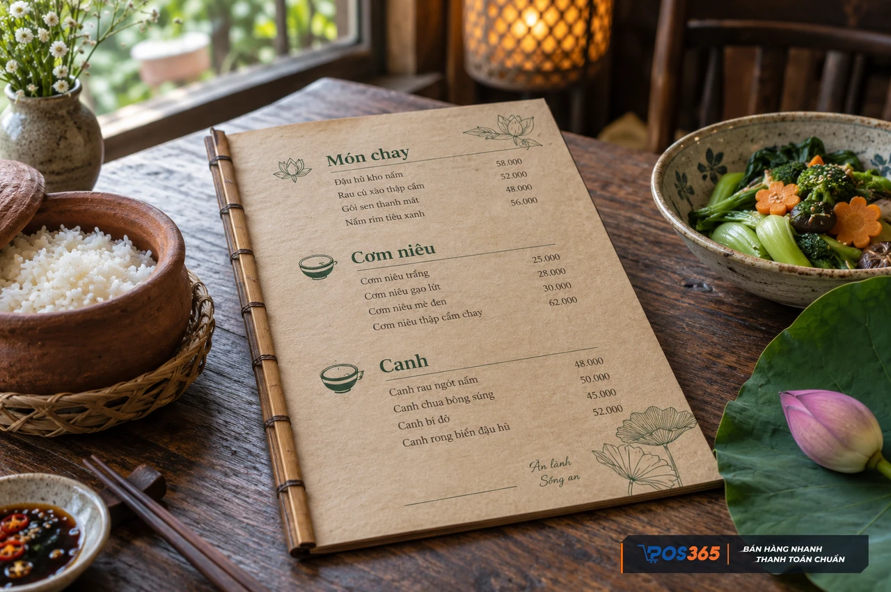 Menu nhà hàng chay và cơm niêu phong cách mộc mạc