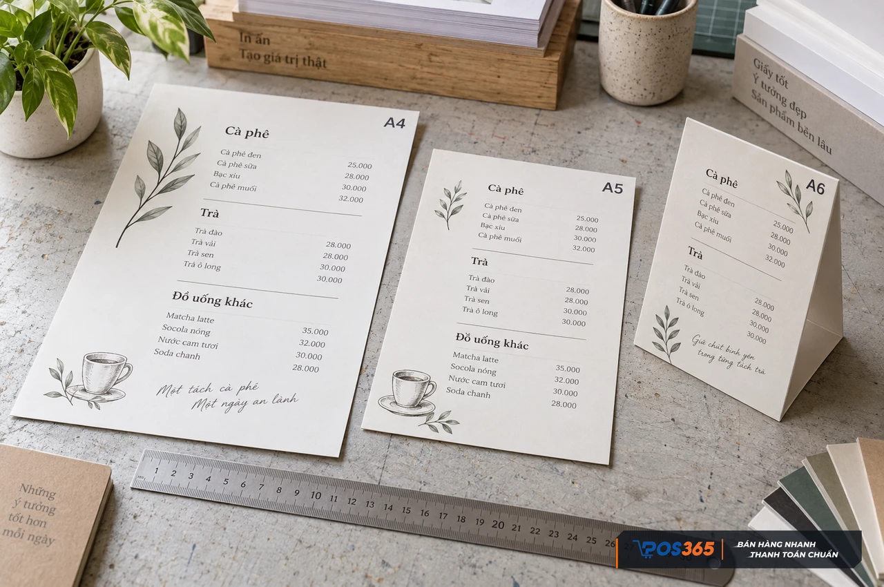 Lựa chọn kích thước in menu phù hợp bàn cafe