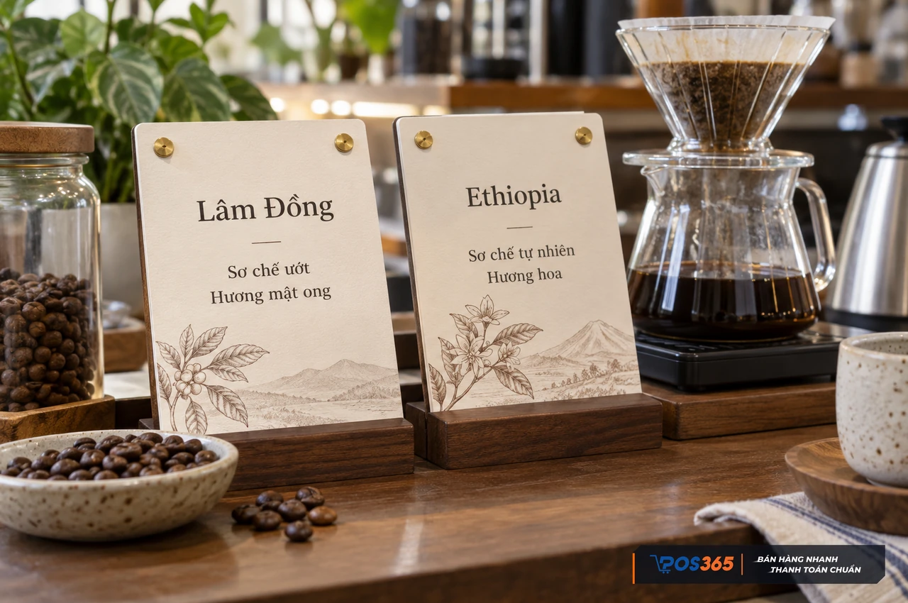 Menu cafe đặc sản trình bày thông tin hạt rõ ràng