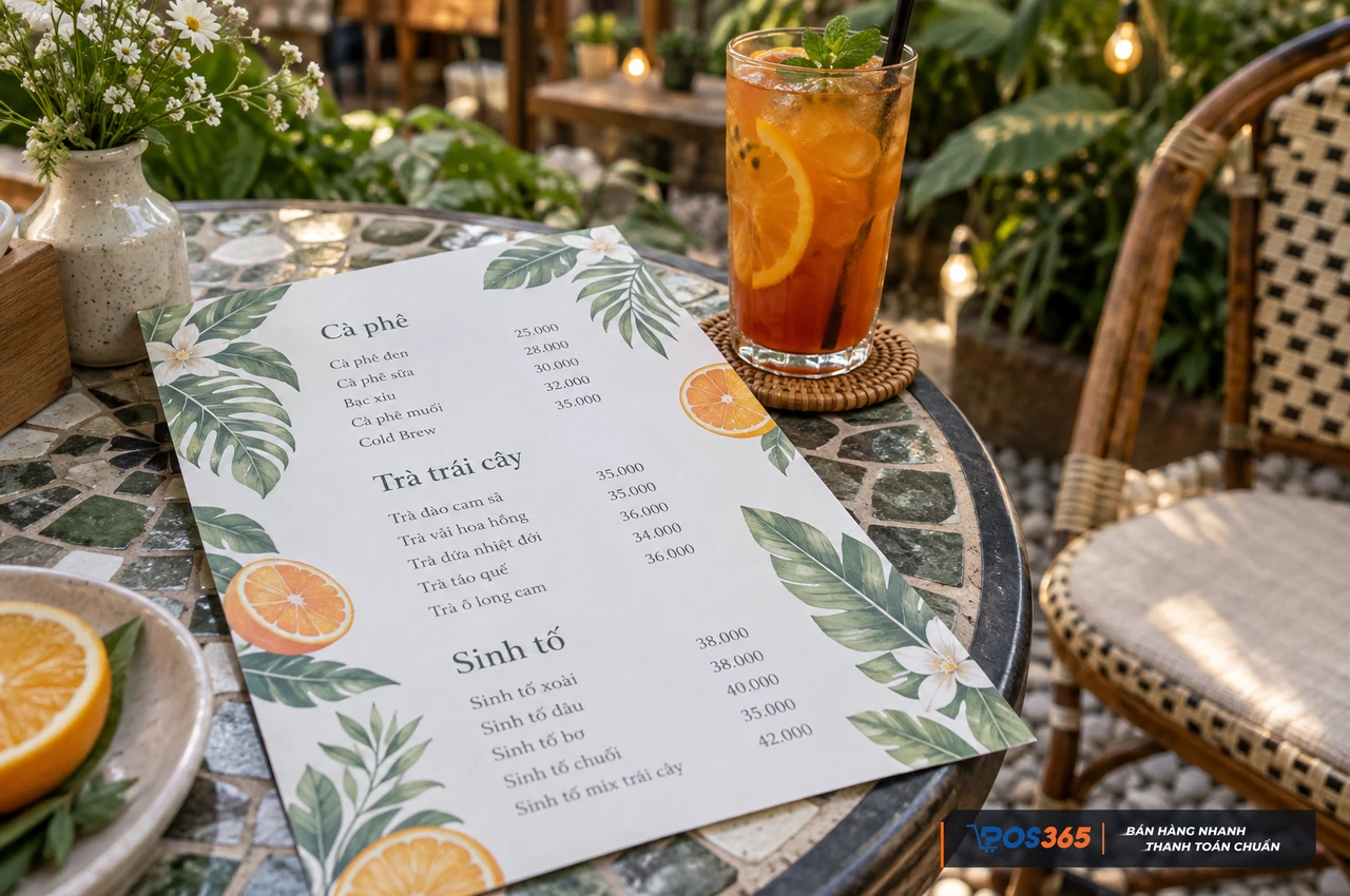 Menu cafe sân vườn với họa tiết nhiệt đới