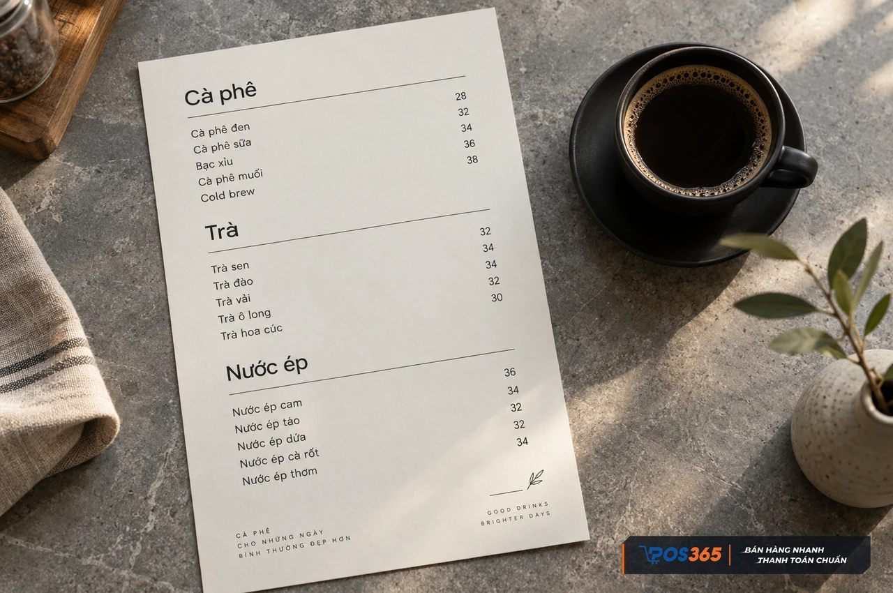 Menu cafe tối giản với bố cục thoáng