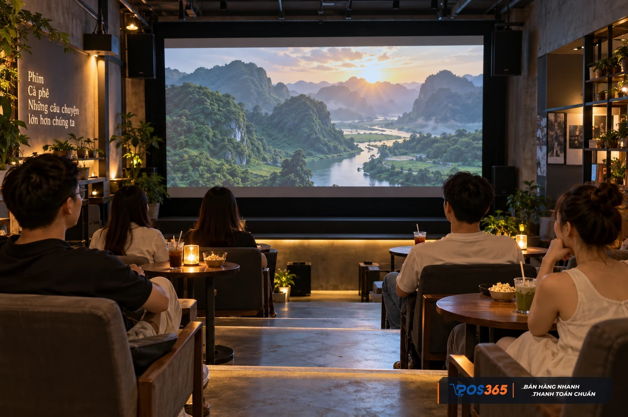 Cafe phim không gian mở với màn chiếu lớn