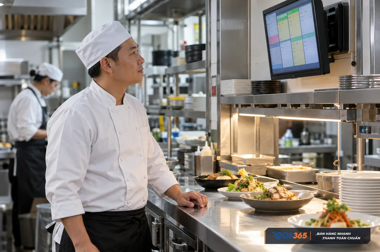 Đầu bếp theo dõi đơn món qua màn hình KDS