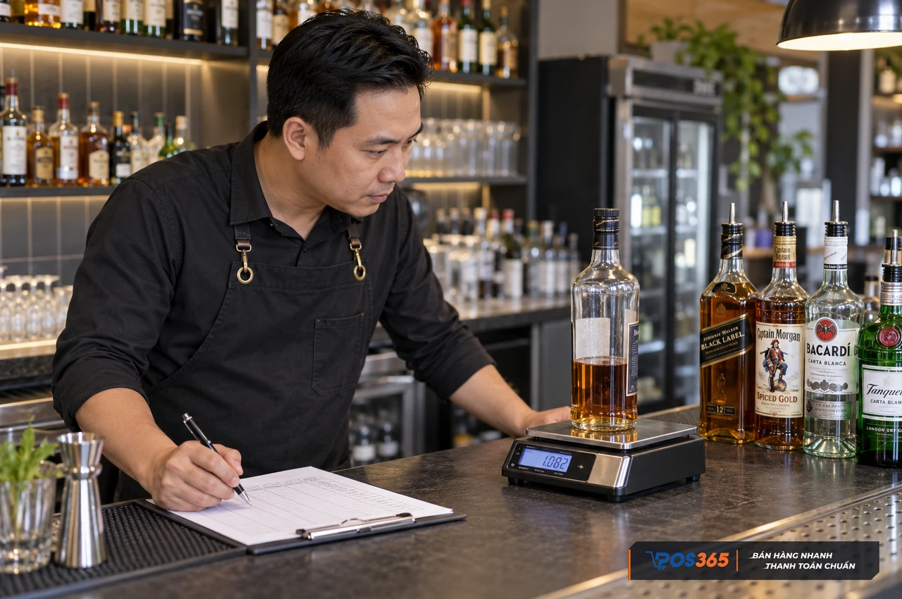 Kiểm kê chai rượu mở dở khi bàn giao ca