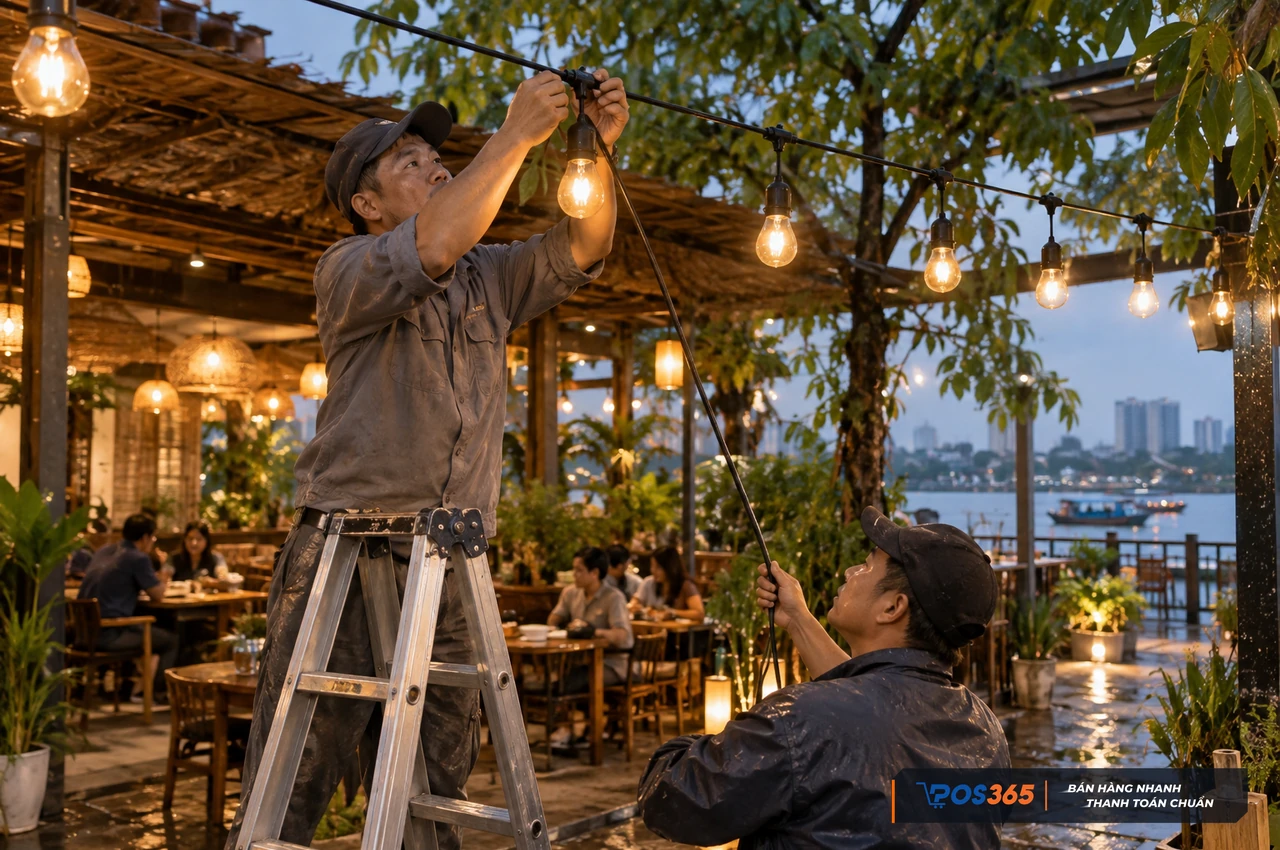 Lắp đặt đèn thả dây đúc chống nước cho khu vực ngoài trời