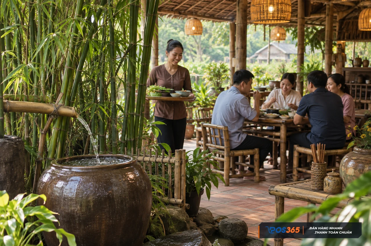 Tiểu cảnh tre trúc và chum nước mang âm hưởng dân dã