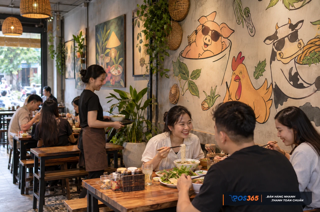 Trang trí bằng tranh tường nghệ thuật và slogan hài hước