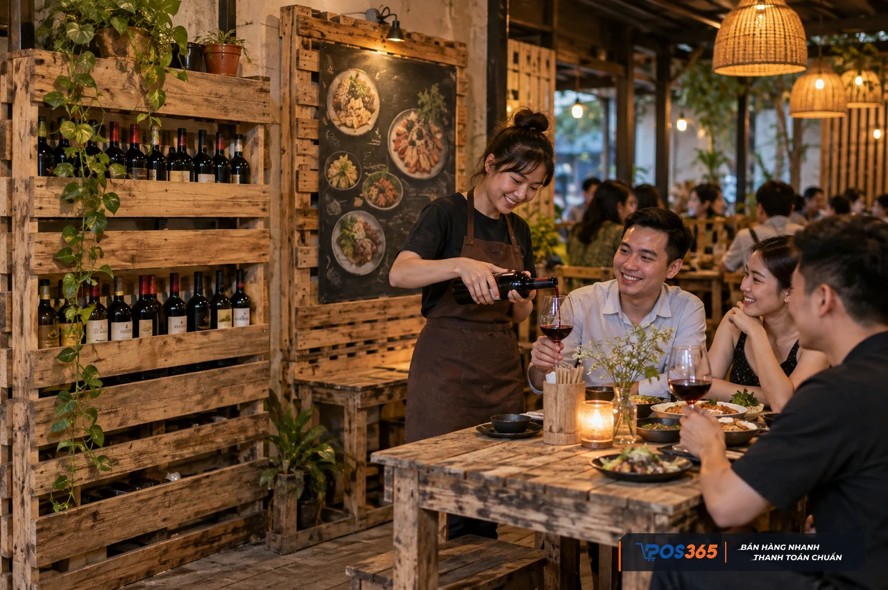 Ứng dụng gỗ pallet mộc mạc làm kệ để rượu và bảng menu
