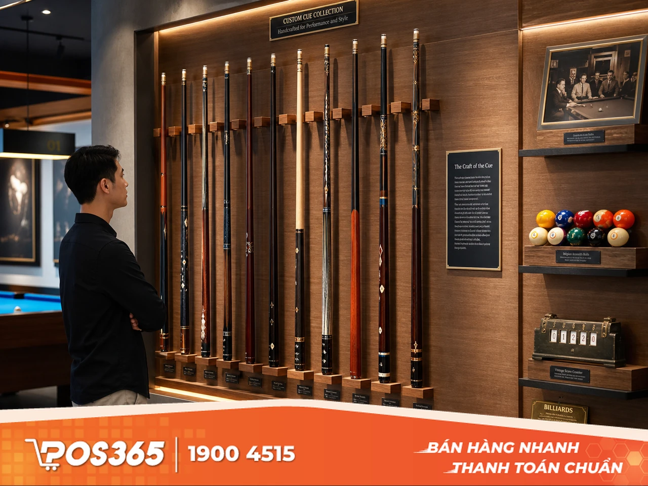 Kệ trưng bày cơ bida nghệ thuật và bóng bida cổ điển