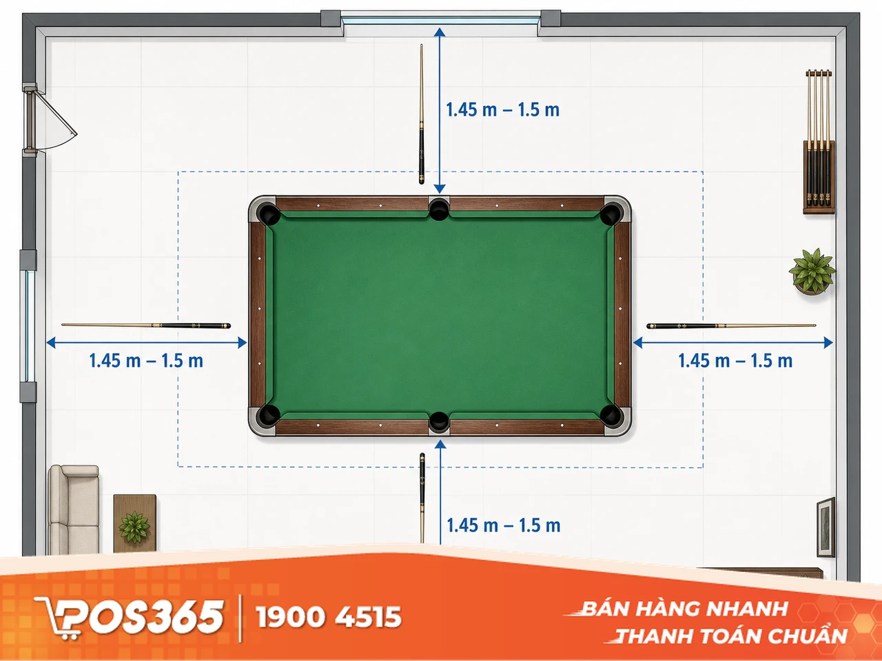 Khoảng cách từ mép bàn bida đến tường và vật cản