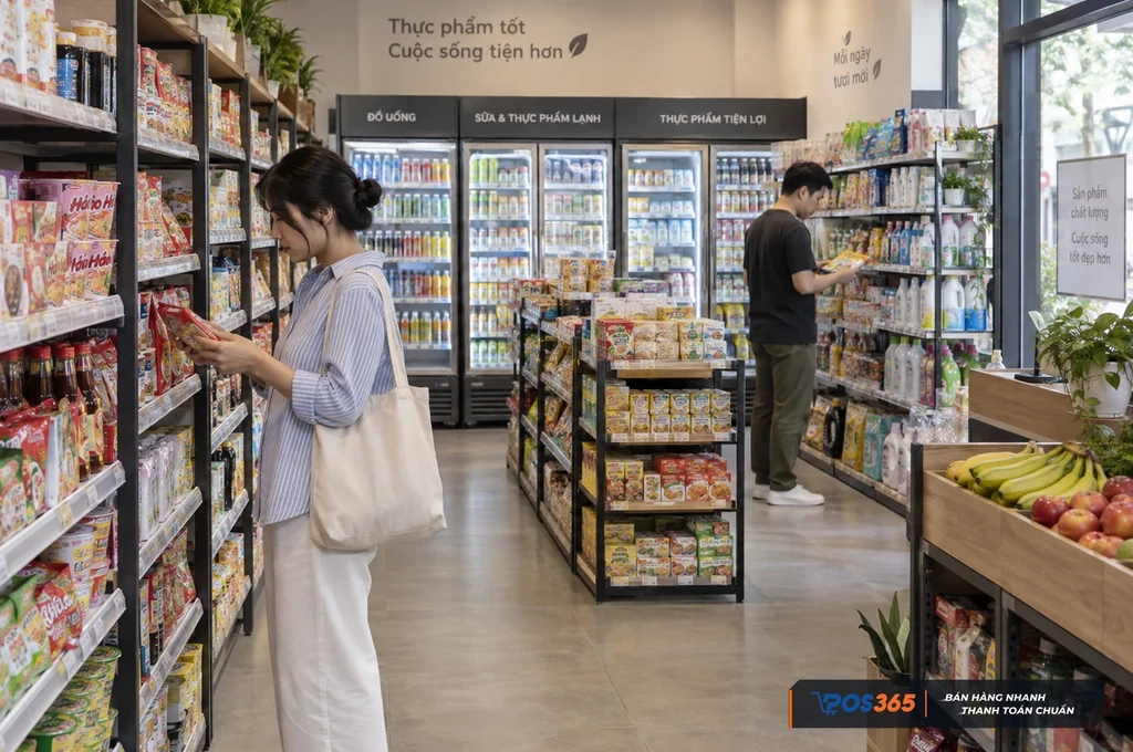 Không gian siêu thị mini với lối đi mua sắm thông thoáng