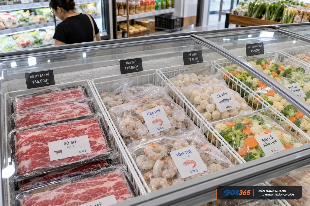 Phân nhóm thực phẩm đông lạnh trong tủ trưng bày