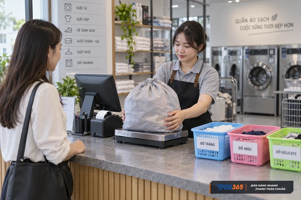 Quầy tiếp nhận v&agrave; ph&acirc;n loại đồ giặt của kh&aacute;ch
