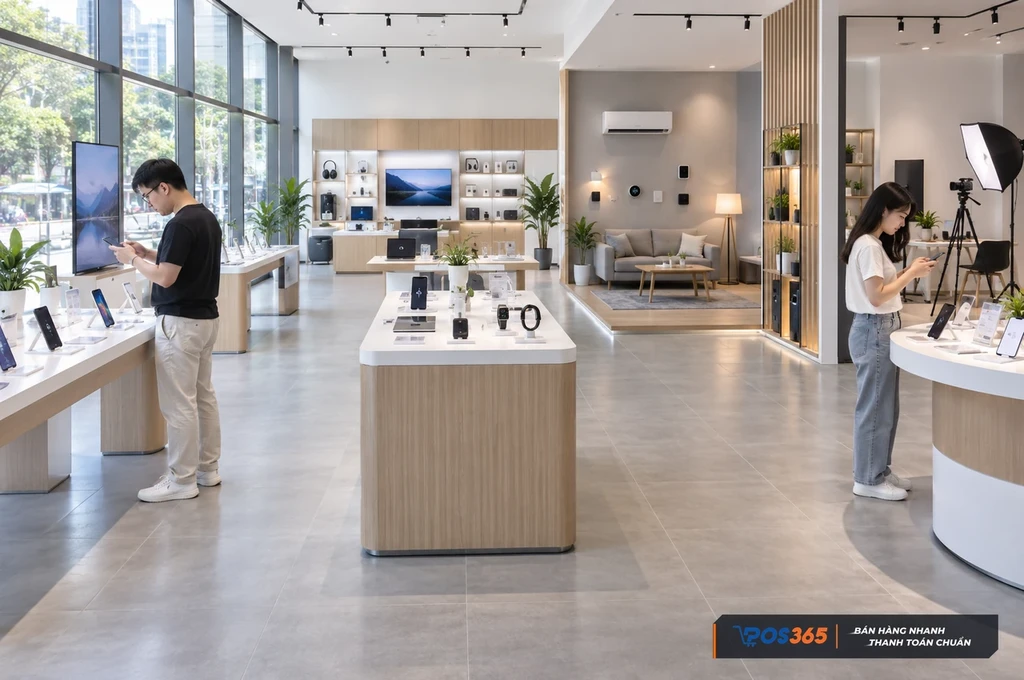 Showroom điện thoại lớn với nhiều khu trải nghiệm