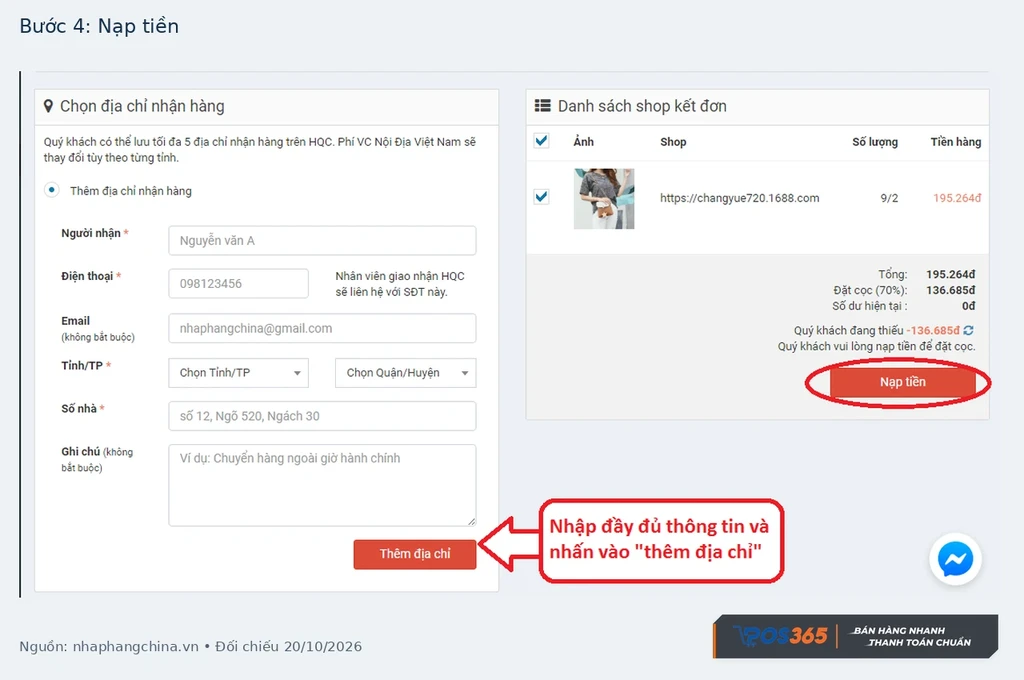 Chọn địa chỉ nhận và đặt cọc trong hướng dẫn NHChina