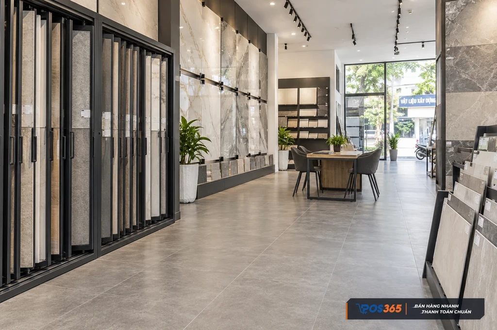 Thiết kế showroom với kệ trưng b&agrave;y gạch chuy&ecirc;n dụng