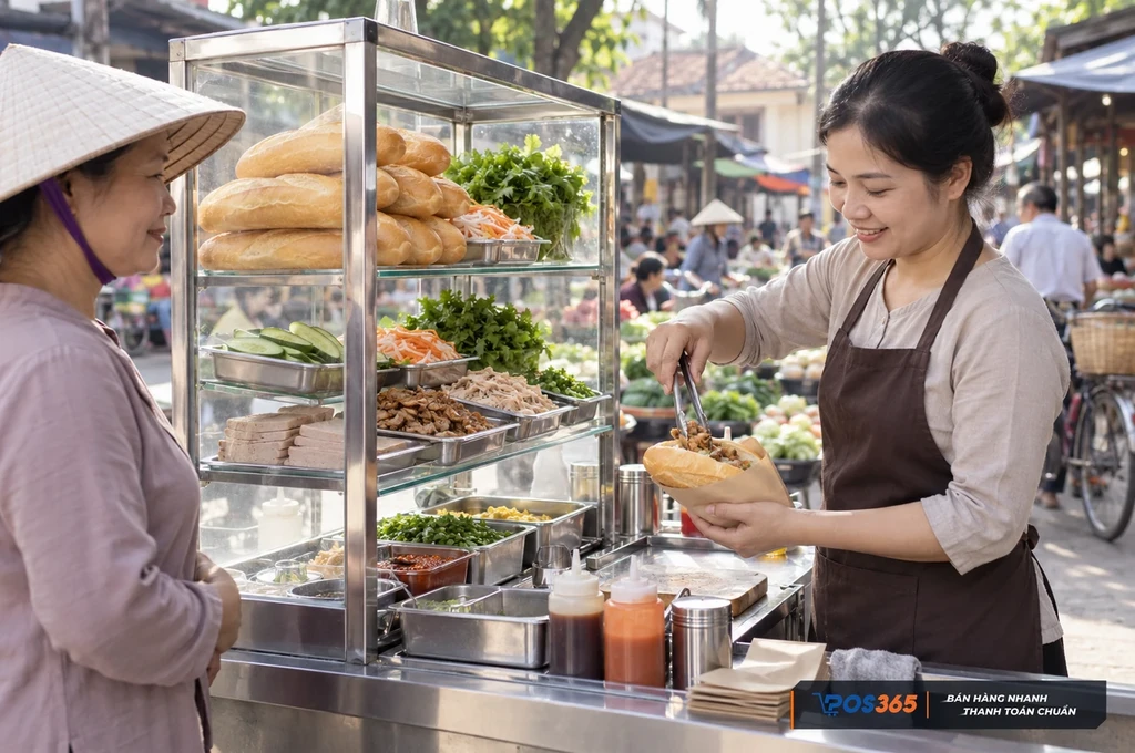Xe b&aacute;nh m&igrave; ăn s&aacute;ng phục vụ kh&aacute;ch tại khu chợ qu&ecirc;